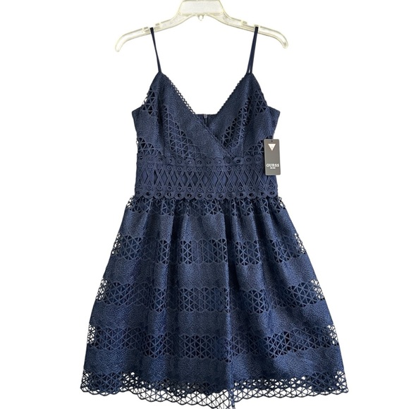 GUESS Blue Lace Patterned Spaghetti Strap Short Fit + Flare Dress Size 4 NWT - Picture 1 of 13